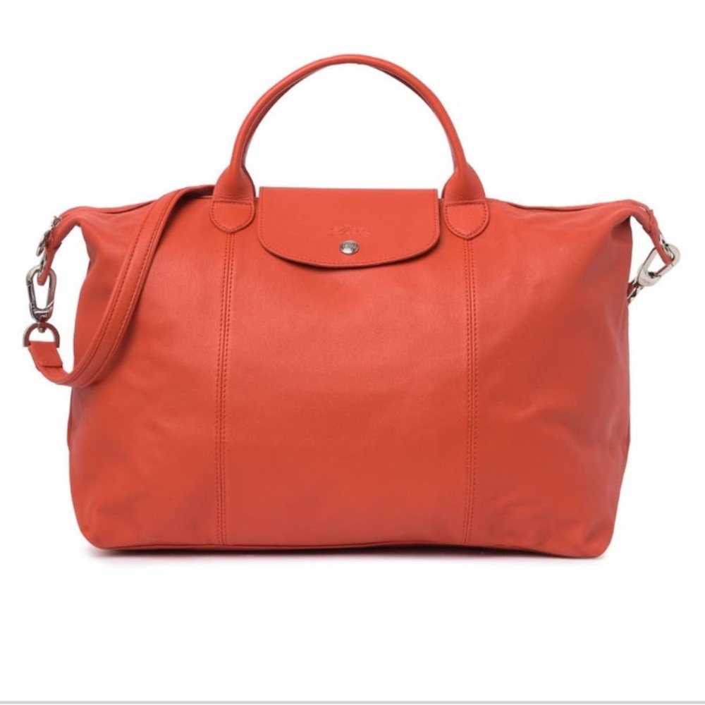 Longchamp NEW le pliage cuir leather orange travel weekend bag strap removable